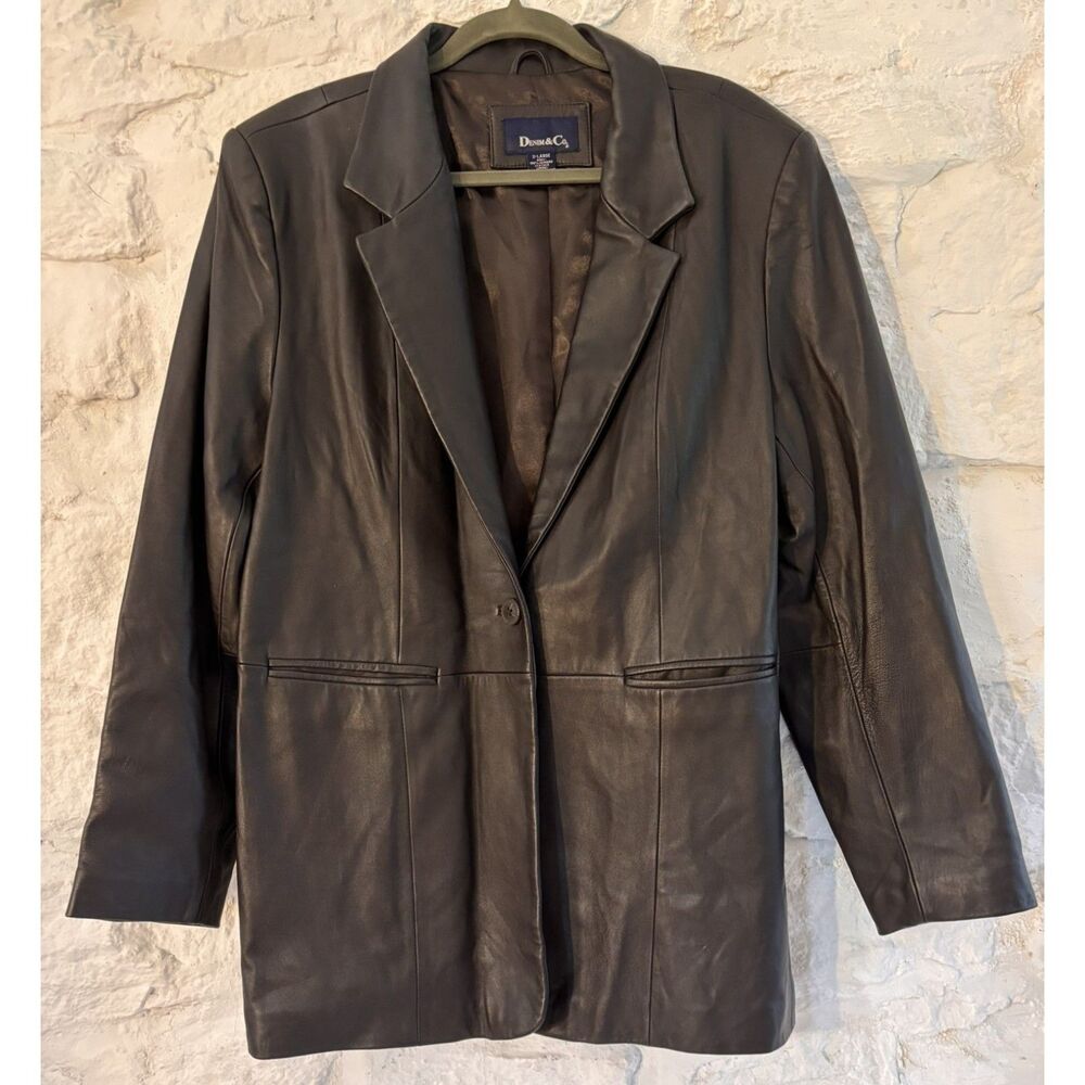 Women’s XL Brown Genuine Leather Blazer Jacket Single Button Denim & Co Classic